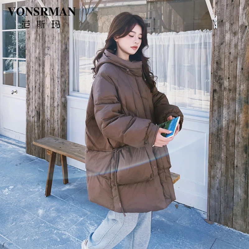 咖色羽绒服女2025冬季新款宽松白鸭绒中长款小个子时尚加厚外套潮