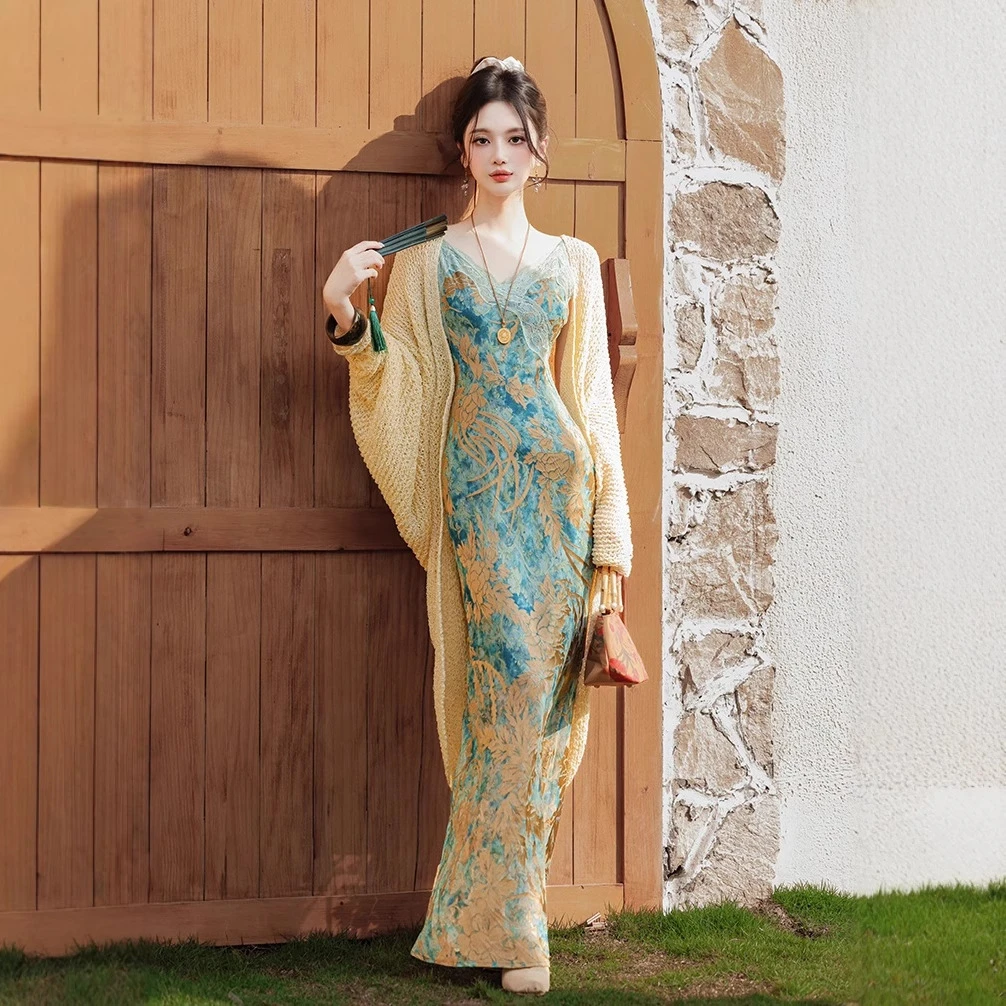 气质中式长款拼接蕾丝连衣裙镂空开衫套装中国风收腰显瘦礼服裙子