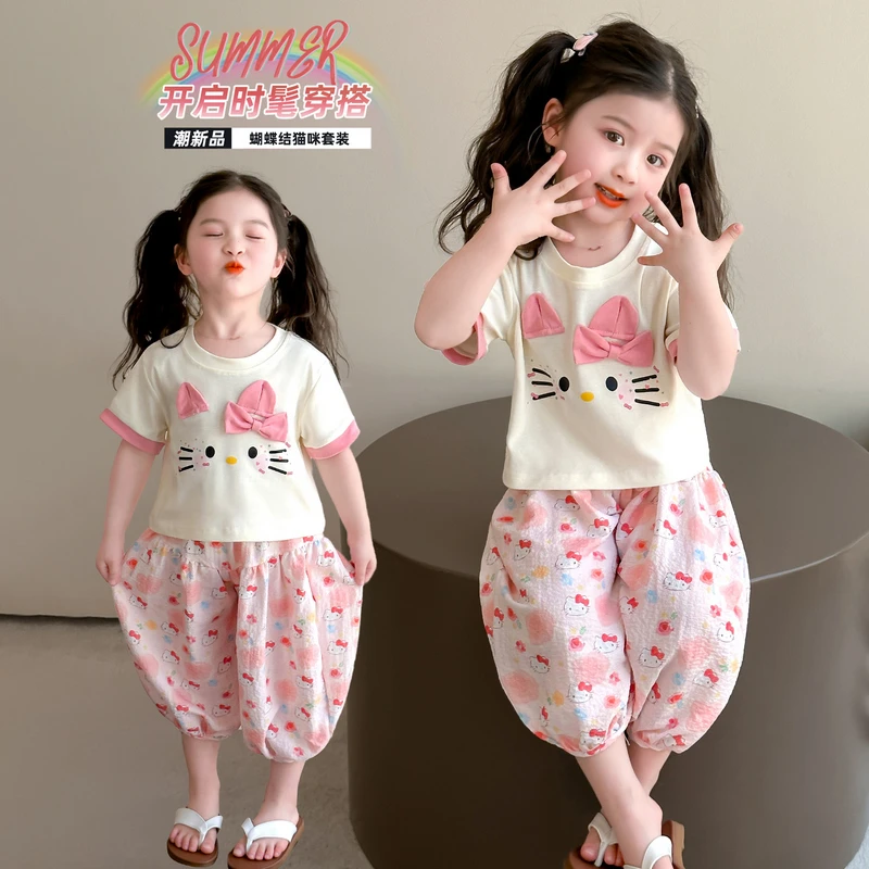 可爱蝴蝶结猫咪洋气T恤花朵防蚊裤套装时尚两件套爱心公主裙