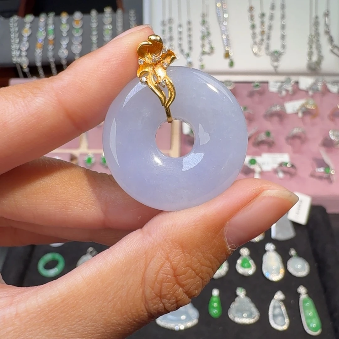 翡翠18K金镶嵌颈饰纯天然缅甸翡翠A货甜甜圈