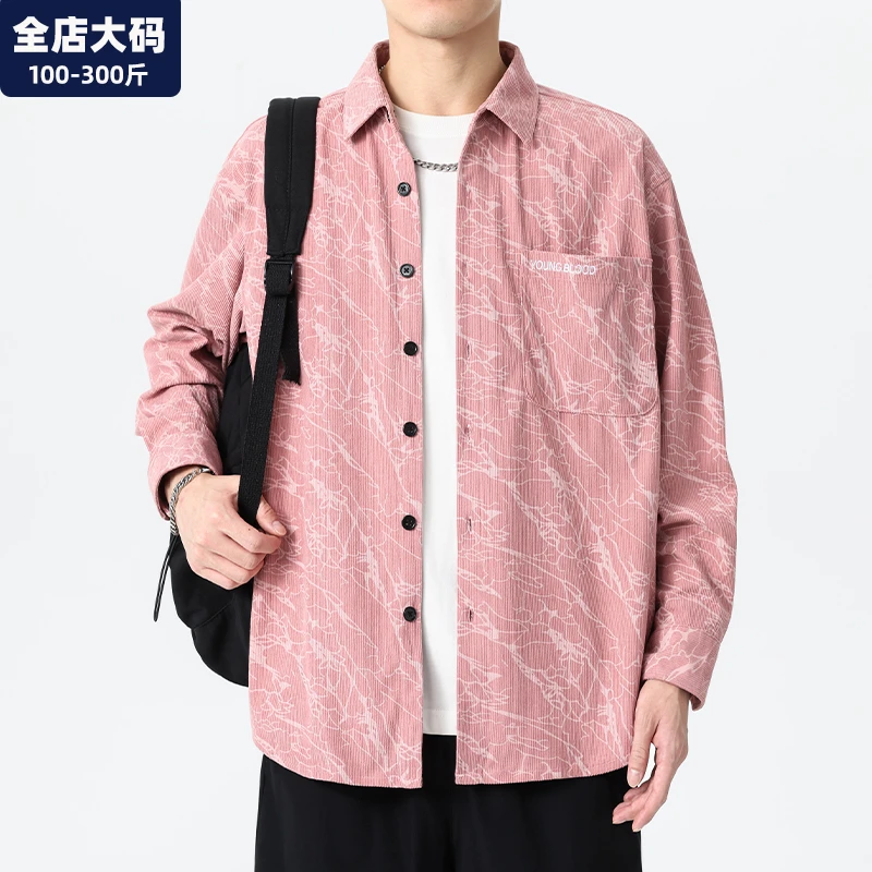 粉色衬衫男新款长袖刺绣灯芯绒衬衣夹克外套胖子加肥加大大码男装