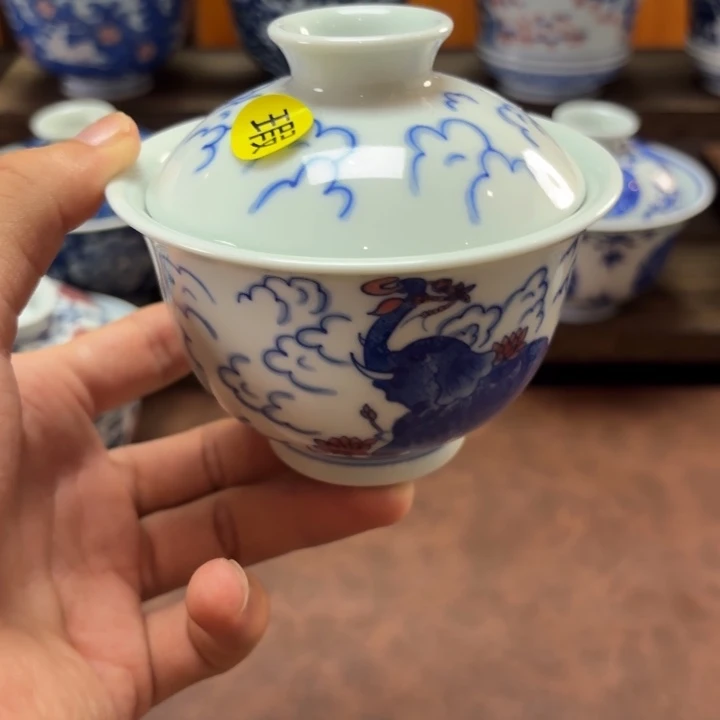 景德镇纯手工手绘元宝大象盖碗，瑕疵