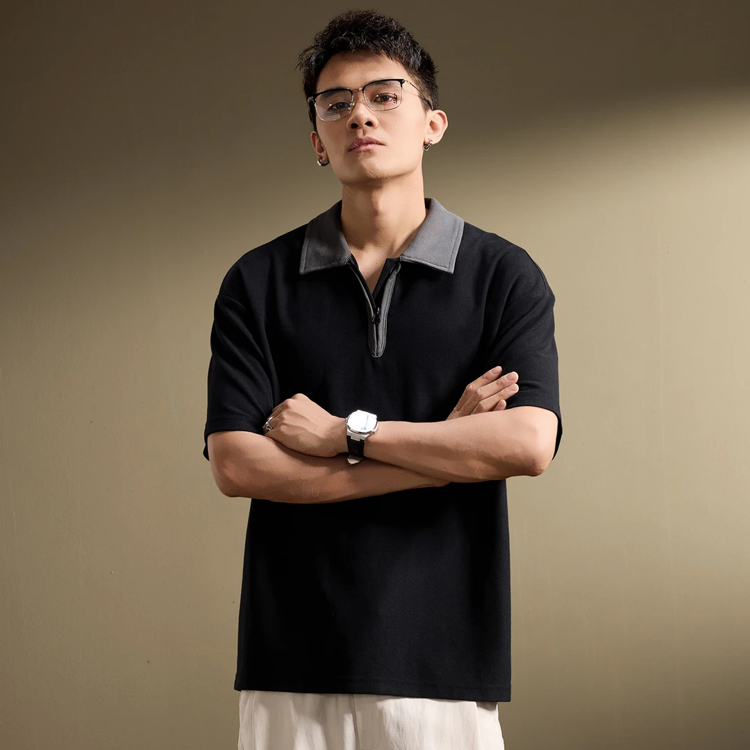 日系复古高级感重磅翻领POLO衫男夏季潮牌拉链宽松休闲短袖T恤衫