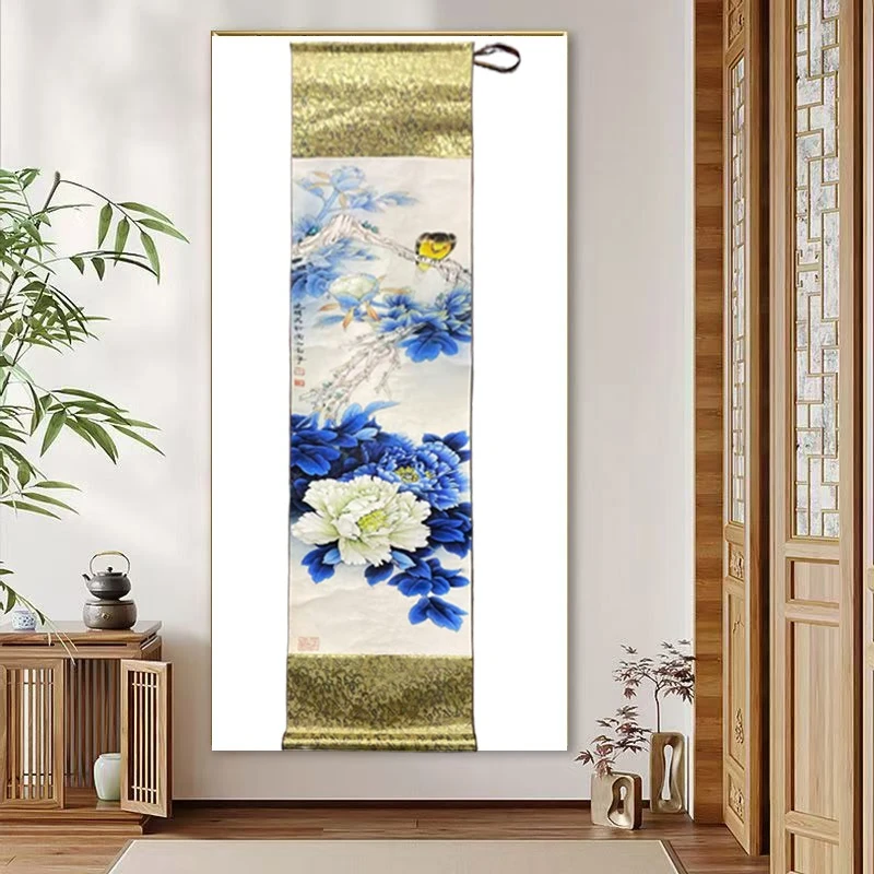 二尺竖幅《蓝色妖姬》牡丹花鸟卷轴国风装裱装饰字画适合书房玄关
