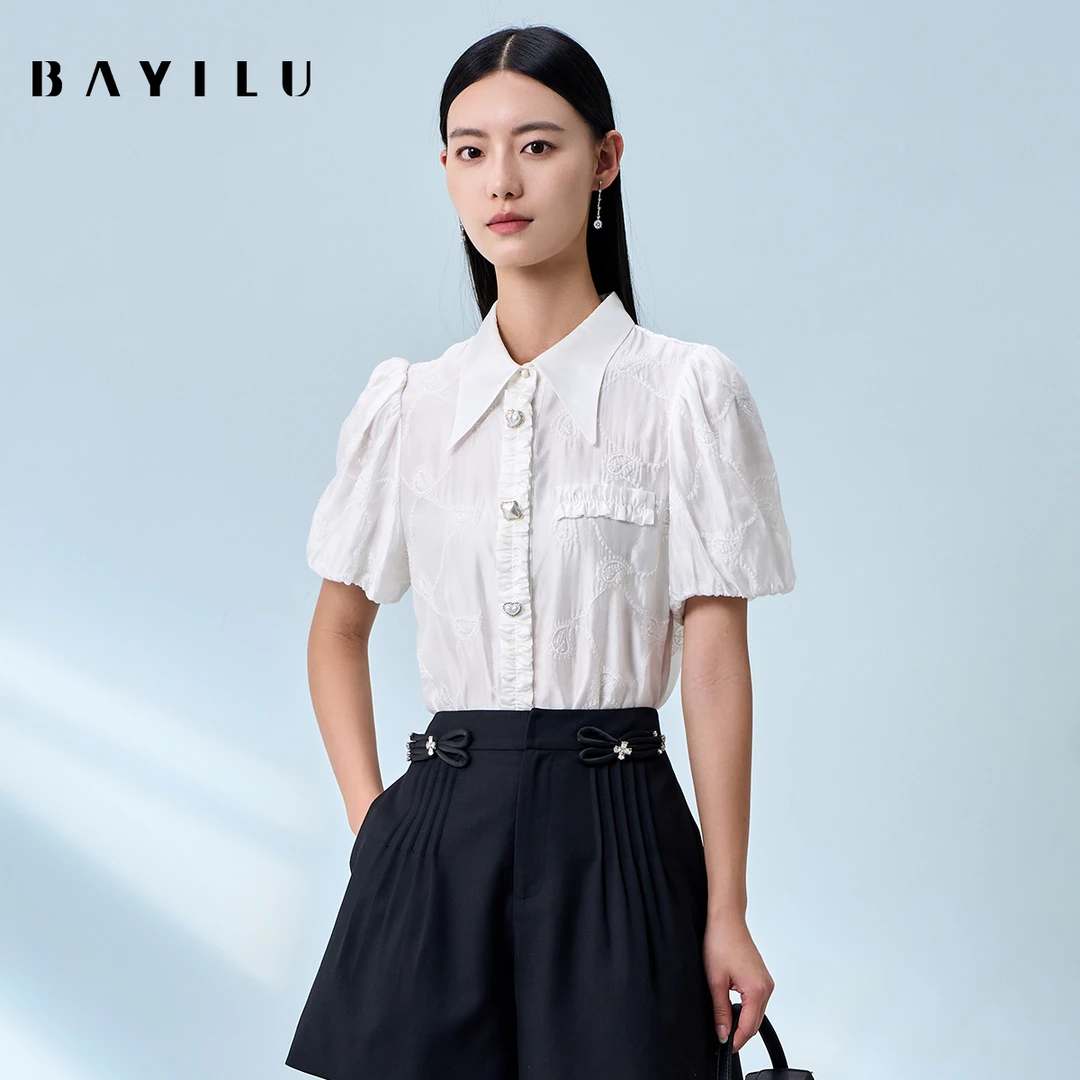 【瑶瑶】芭依璐夏季衬衫女法式复古泡泡袖尖领衬衣90C0025