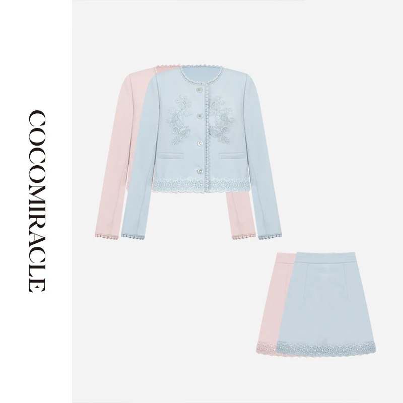 【董小姐】新款圆领长袖立体刺绣外套+蕾丝短裙裤Q51TZ079