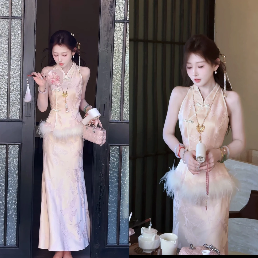 【婷婷】《爱在西园前》可拆羽毛 贵气旗袍套装 TTY2SX673