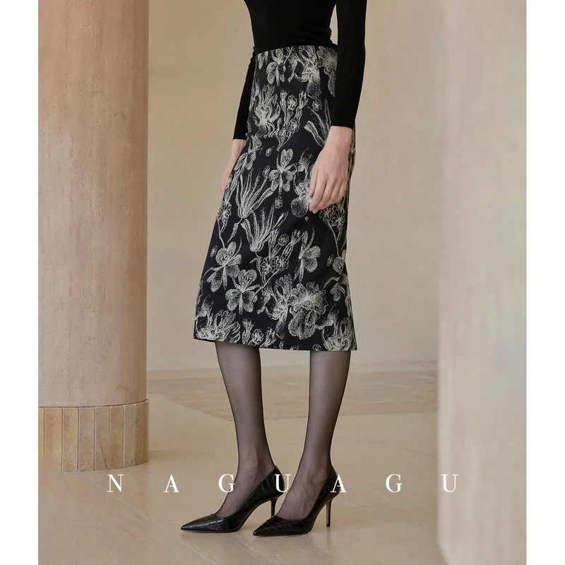 【水墨风铃裙】優质长绒棉定制郁金香提花 优雅气质H中长款半身裙