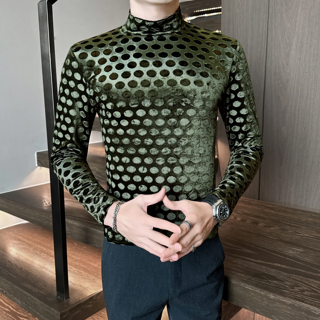 高级感男士丝绒半高领打底衫2025秋季新款潮流痞帅休闲长袖T恤男