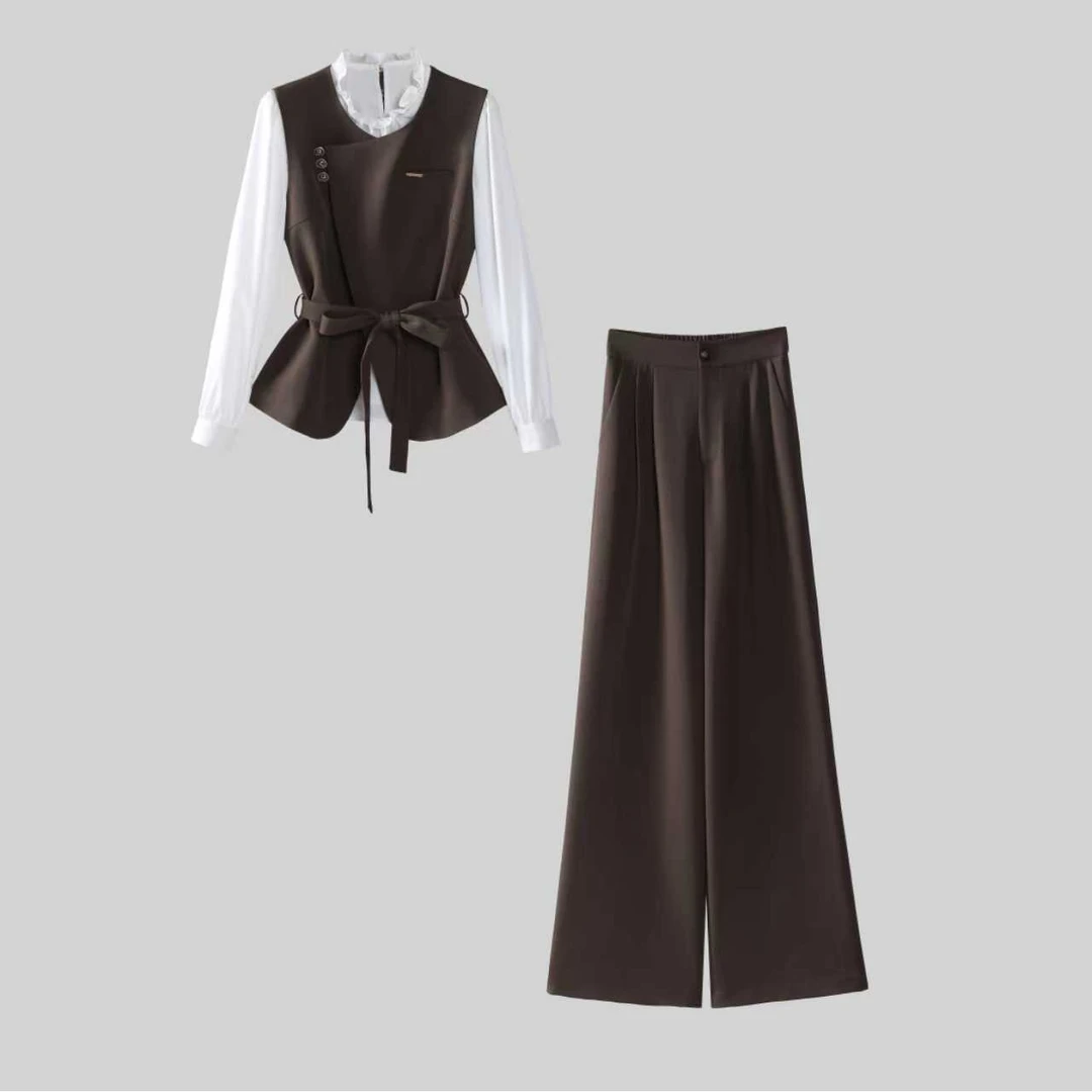 【纪朵研】8096#秋季新款显瘦气质休闲套装外套衬衫阔腿裤三件套女