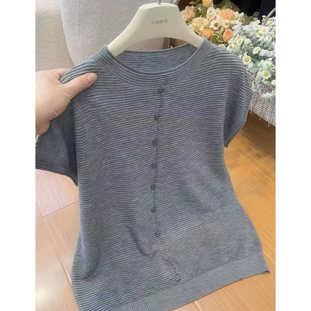 丽丽家~花边浅灰圆领条纹薄款短袖针织衫上衣