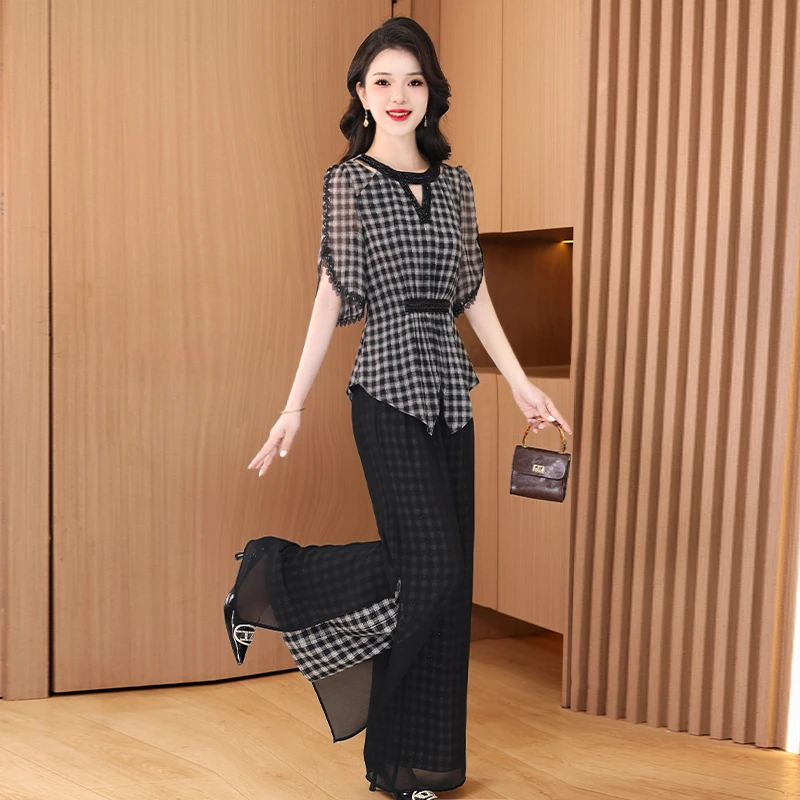 【两件套】26729梦晚夏季轻奢气质时尚大气休闲修身显瘦格纹套裤