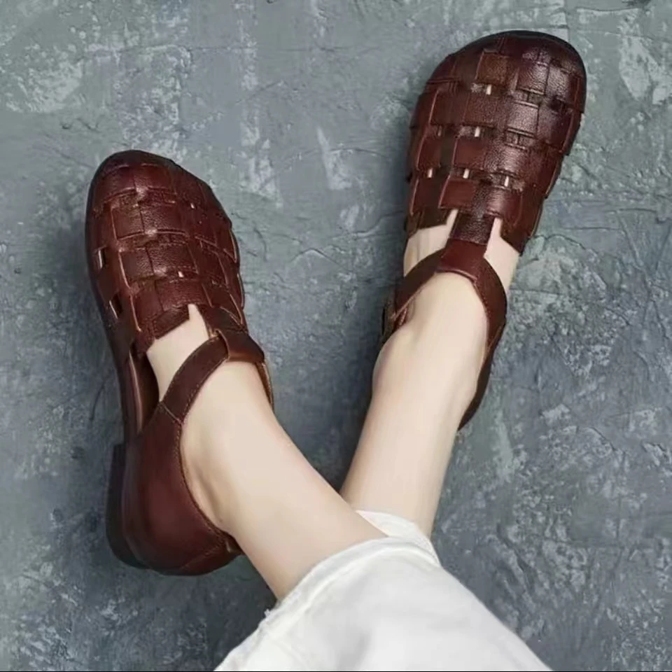 65823头层牛皮手工编织包头凉鞋（码偏大半码）