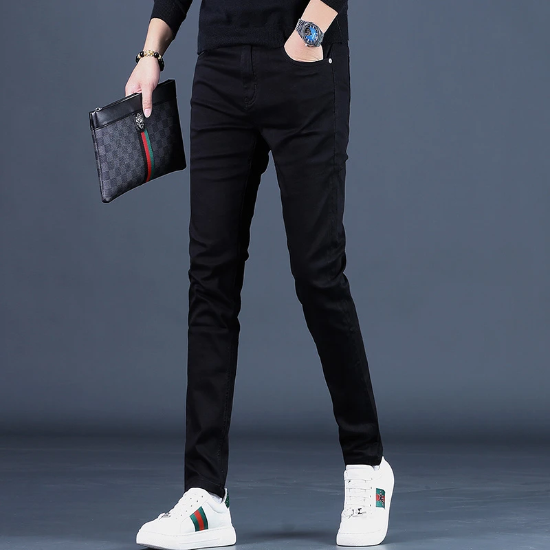2025年新款秋季高端黑色牛仔裤男修身显瘦小脚休闲男士长裤子潮牌