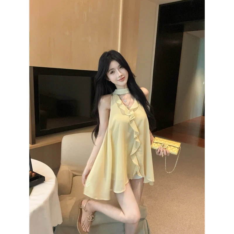 法式显肤白貌美复古荷叶边设计围脖飘带无袖雪纺薄款清凉上衣女装