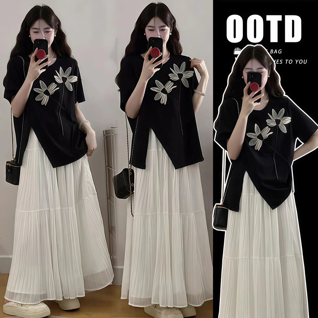 【苏安诺】孕妇装夏款设计感立体花朵宽松短袖T恤上衣+半身裙两件套