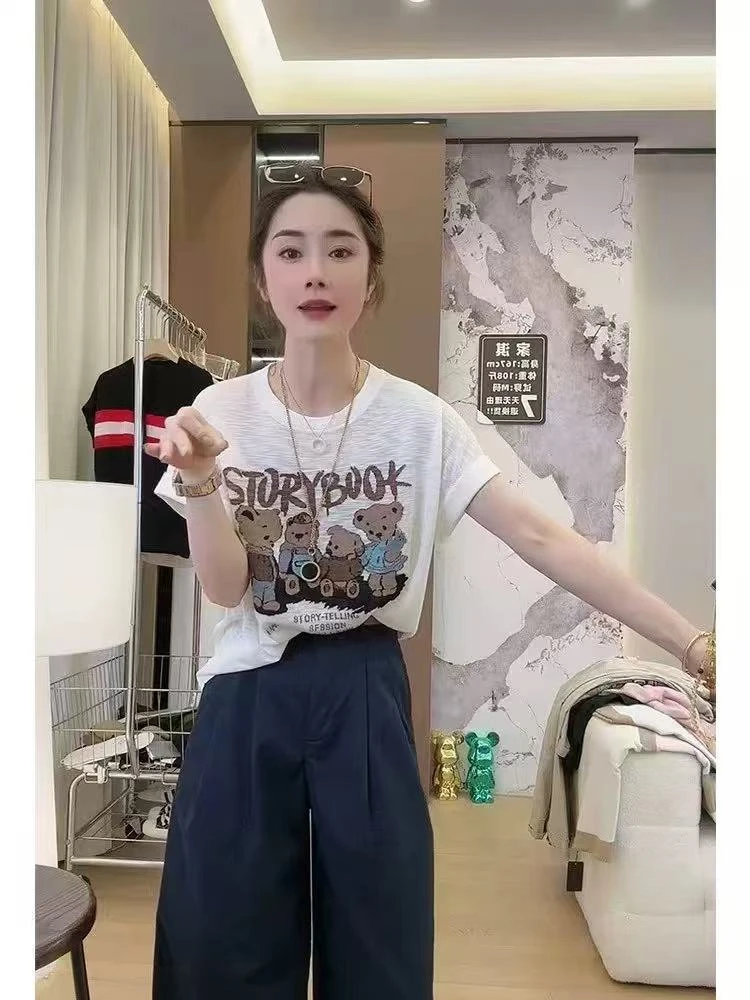 9197夏季新款五一旅游出街韩版小熊印花显瘦宽松减龄短袖t恤女