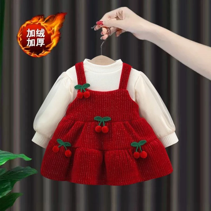 女童秋冬加绒加厚连衣裙两件套小女孩背带裙套装拜年服公主裙2岁3