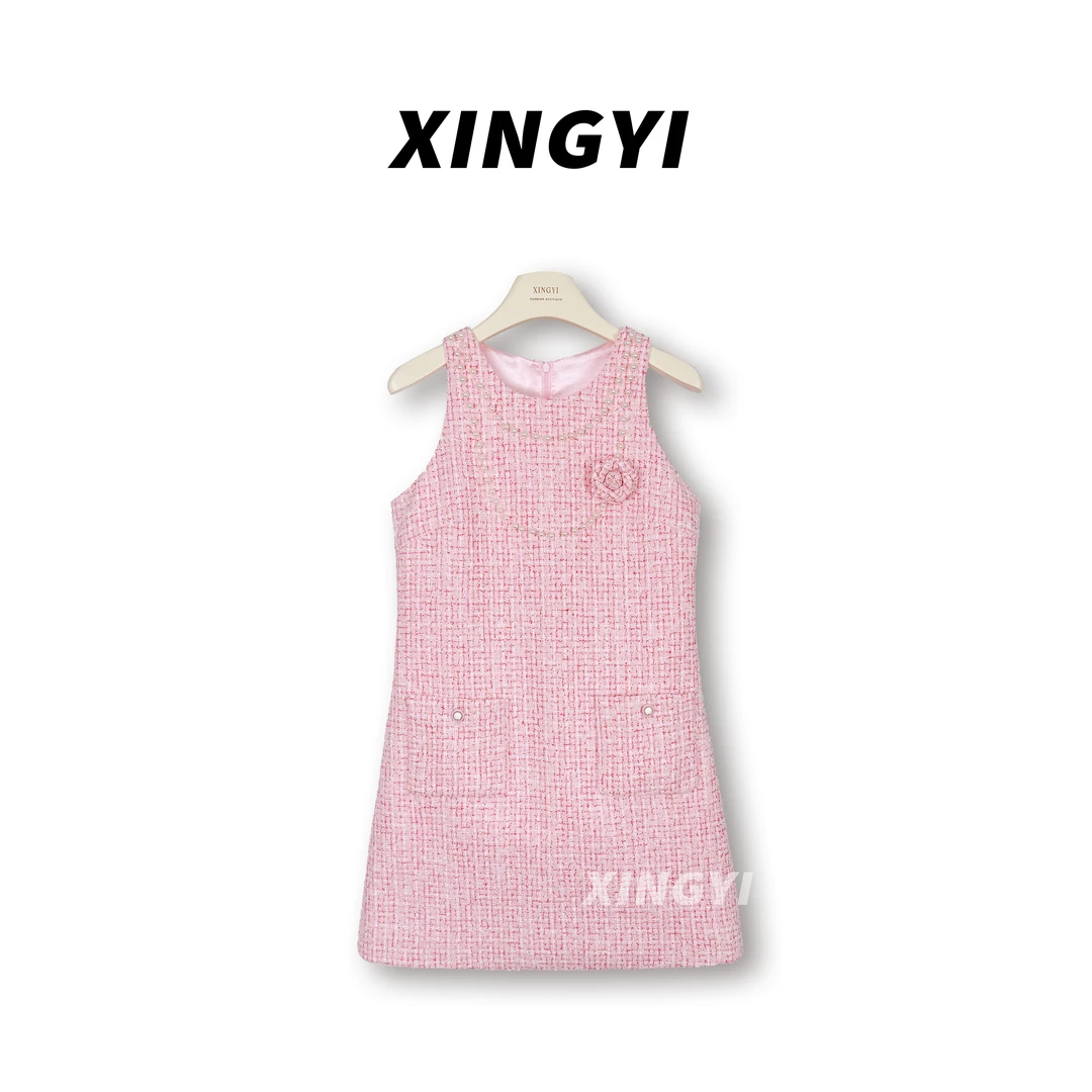 『XINGYI』25春夏千金小香风软花呢珍珠装饰粉色连衣裙XY9355