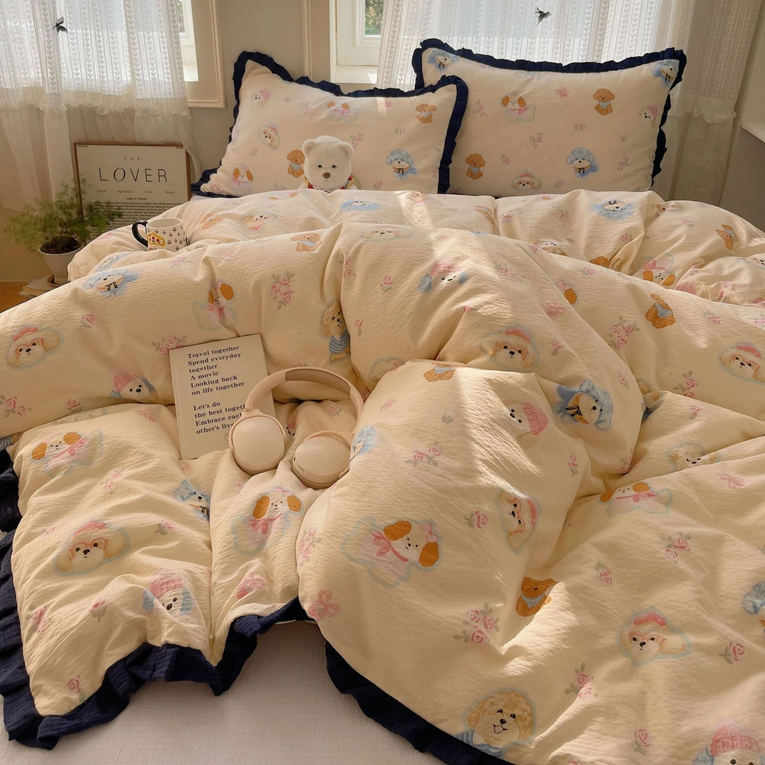 韩式小碎花水洗棉云感双层纱花边四件套小碎花学生宿舍三件套