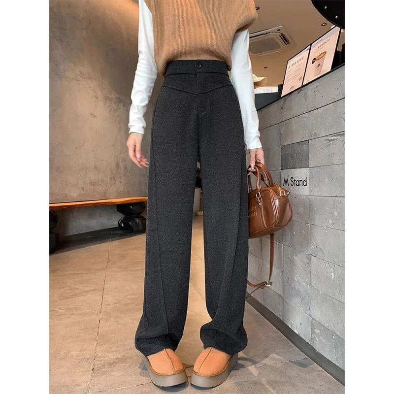 灰色香蕉裤女2025秋冬新款直筒窄版阔腿裤休闲毛呢垂感弯镰刀裤女