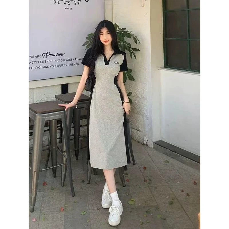 依二一推荐《修容大师》polo领垫肩灰色连衣夏季休闲显瘦裙1306