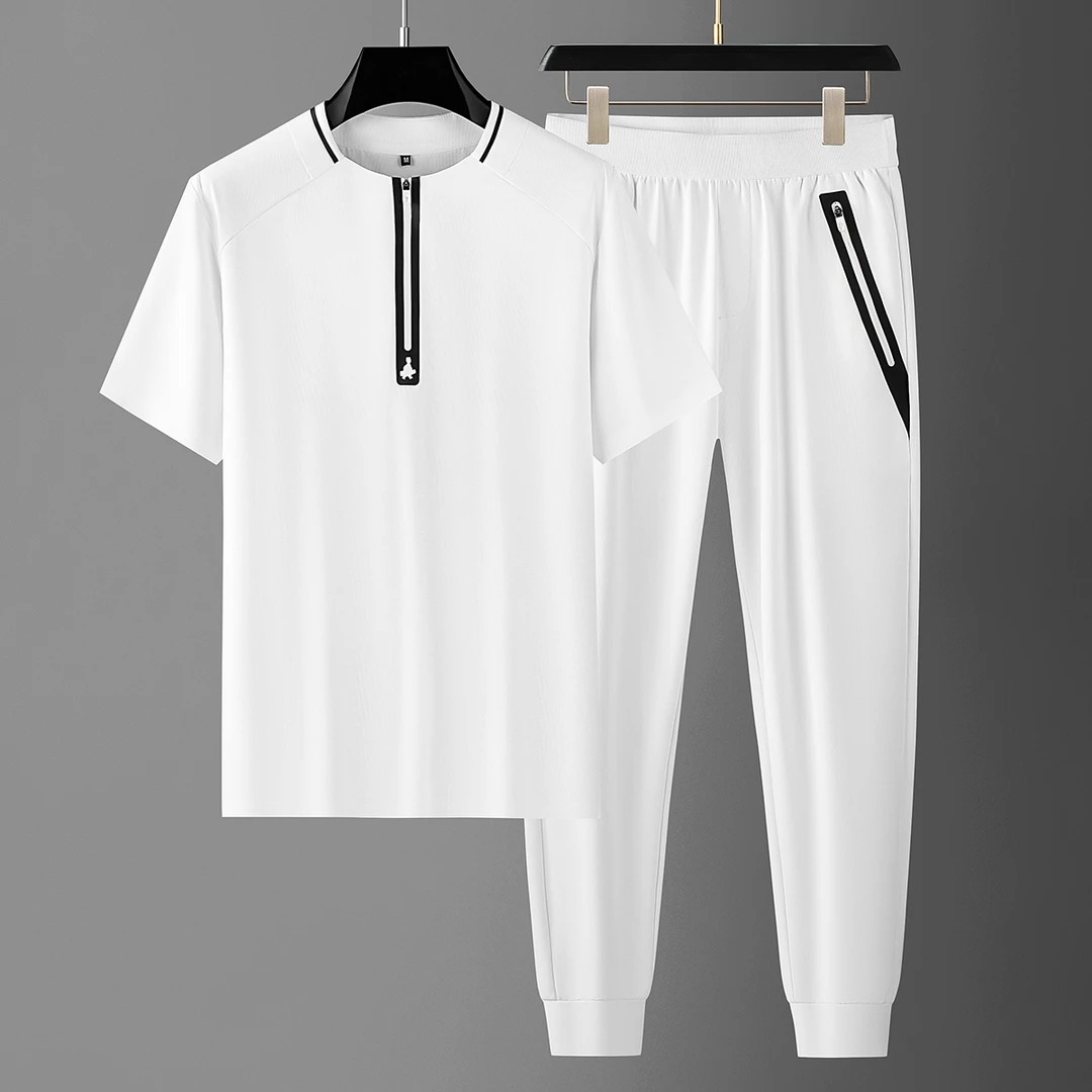 HAMOLENA夏季意式撞色压胶两件套冰丝男士半拉链短袖休闲运动套装
