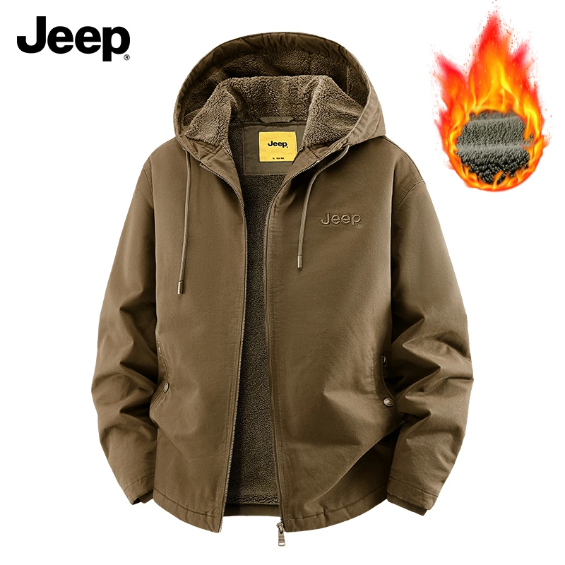 JEEP吉普连帽加绒加厚棉衣男冬季棉服宽松纯棉水洗户外保暖外套