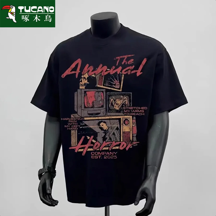 啄木鸟重磅轻奢圆领短袖情侣美式男士时尚个性动漫印花白T恤夏季