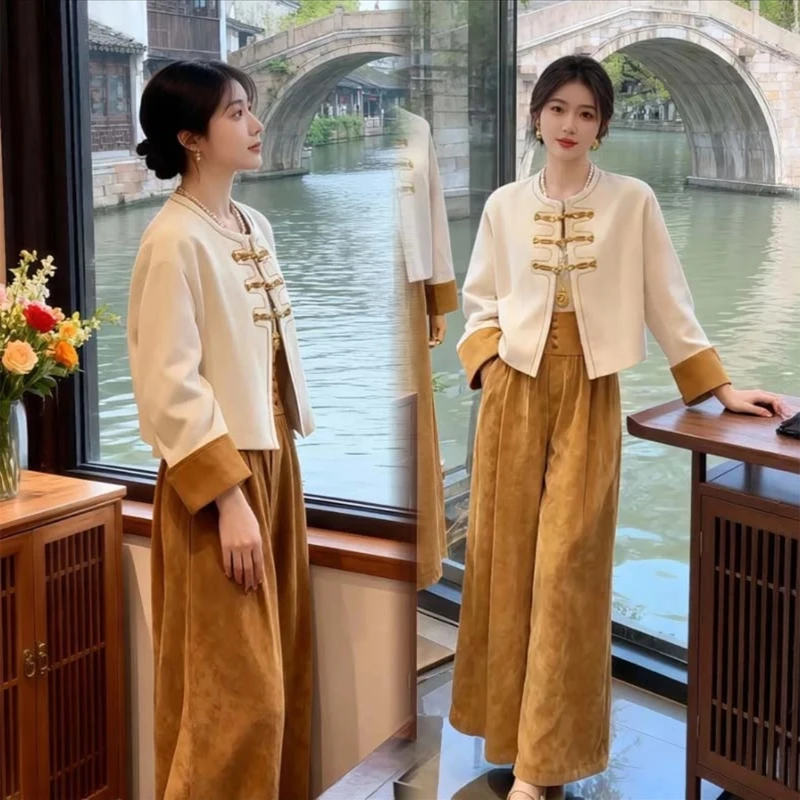 拉夏贝尔新中式改良唐装两件套2025秋季丝绒国风外套潮流裤子套装