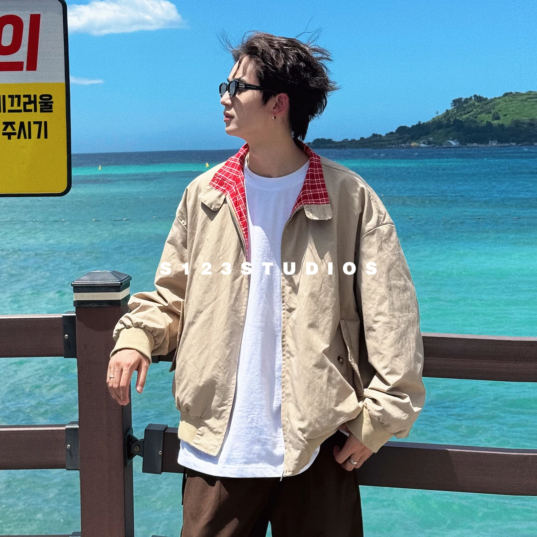 聪明陈S123美式高级感匹马棉哈灵顿夹克红格纹撞色百搭拼接外套男