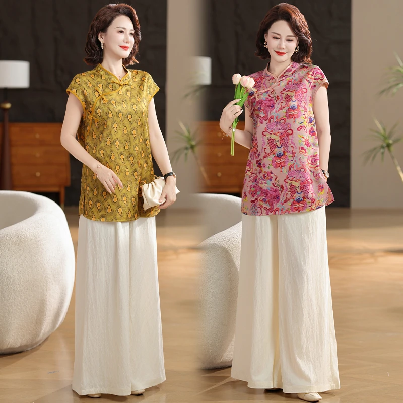 中国风韩版时尚中式短袖上衣夏装新款轻奢提花宽松气质显瘦妈妈装