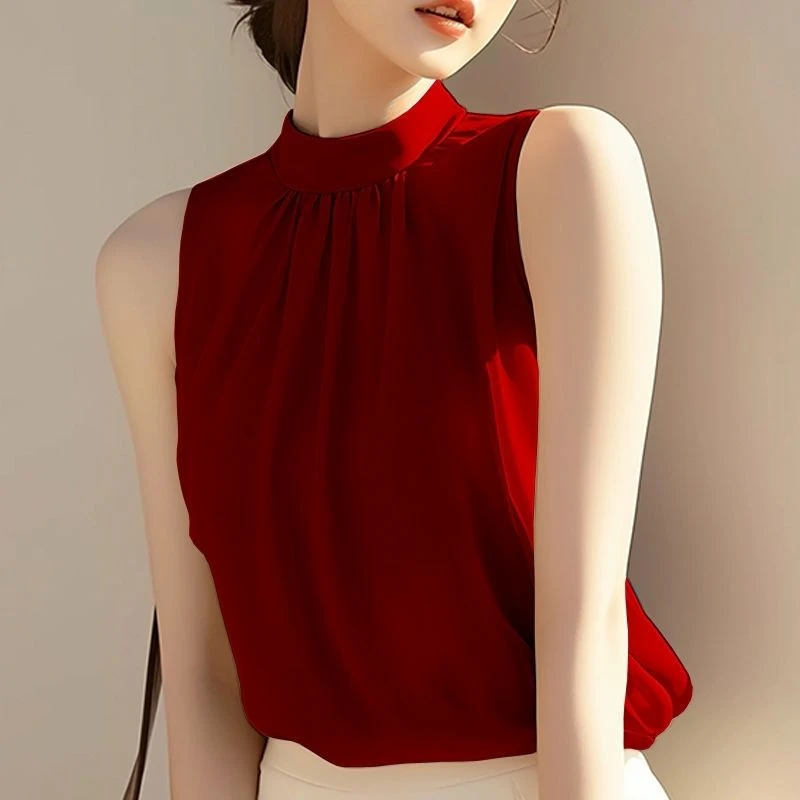 今年流行独特别致漂亮雪纺上衣法式高级感气质红色挂脖衬衫女夏季