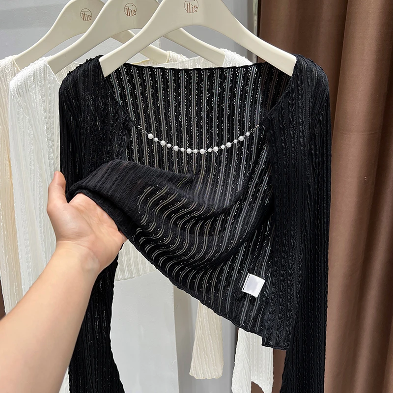 黑色轻奢长袖蕾丝开衫2025夏季新款设计感洋气上衣女防晒罩衫外搭