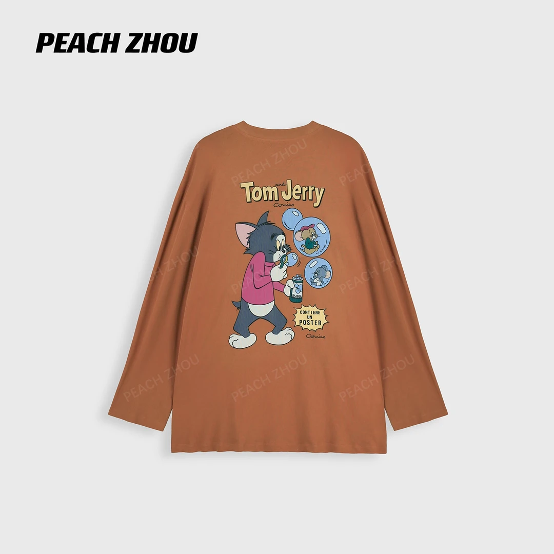 『PEACHZHOU』杰瑞猫卡通印花宽松圆领阔版长袖美式休闲减龄松弛T恤