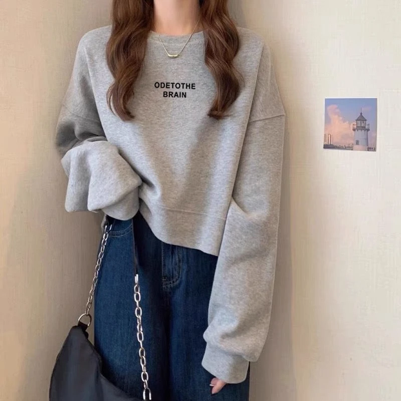 圆领套头短款卫衣女加绒加厚秋冬长袖上衣高腰显瘦小个子春秋薄款