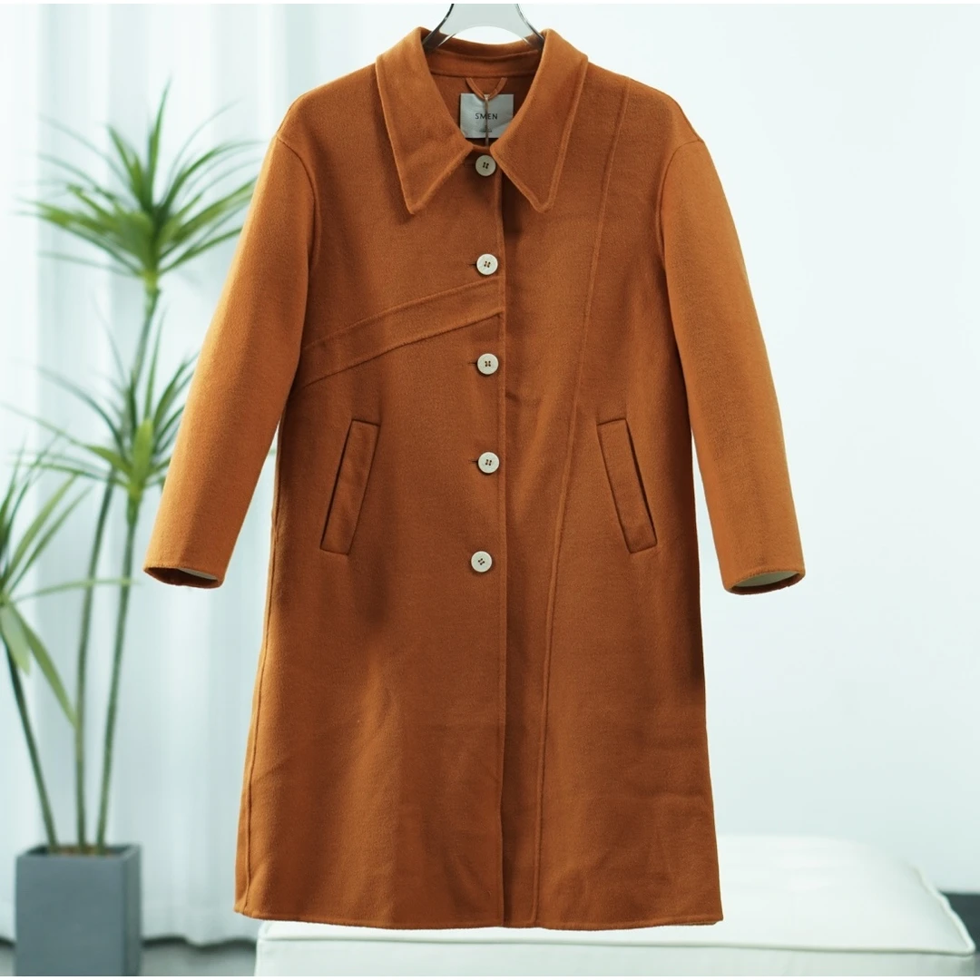 【诗M】O-514-1 女装秋冬长款双面毛呢大衣桔色2598129