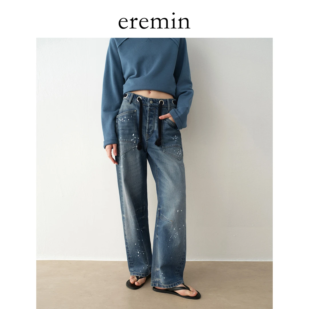 DE Mincollection油漆裤/解构做旧洗水漆点大口袋抽绳牛仔裤55652