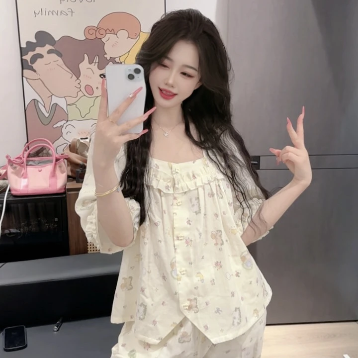 (碎花狗)夏季可爱显瘦宽松减龄中袖睡衣家居服韩版可外穿纯棉