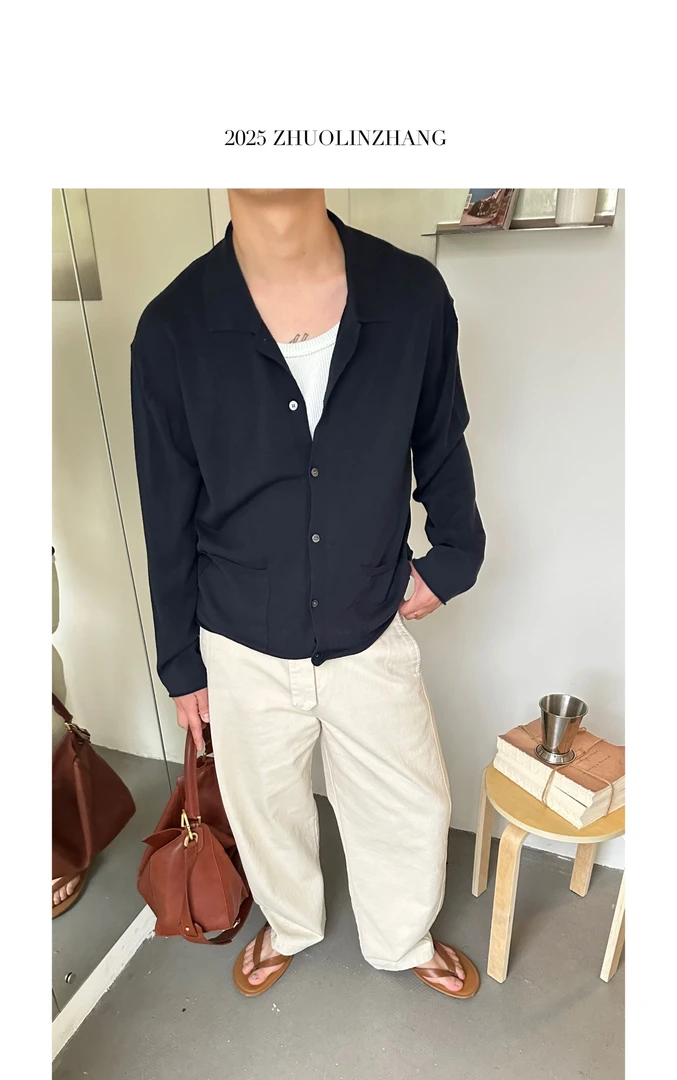 ZHUOLINZHANG /天爽亚麻混纺复古双股翻领针织衫贴袋开衫长袖polo