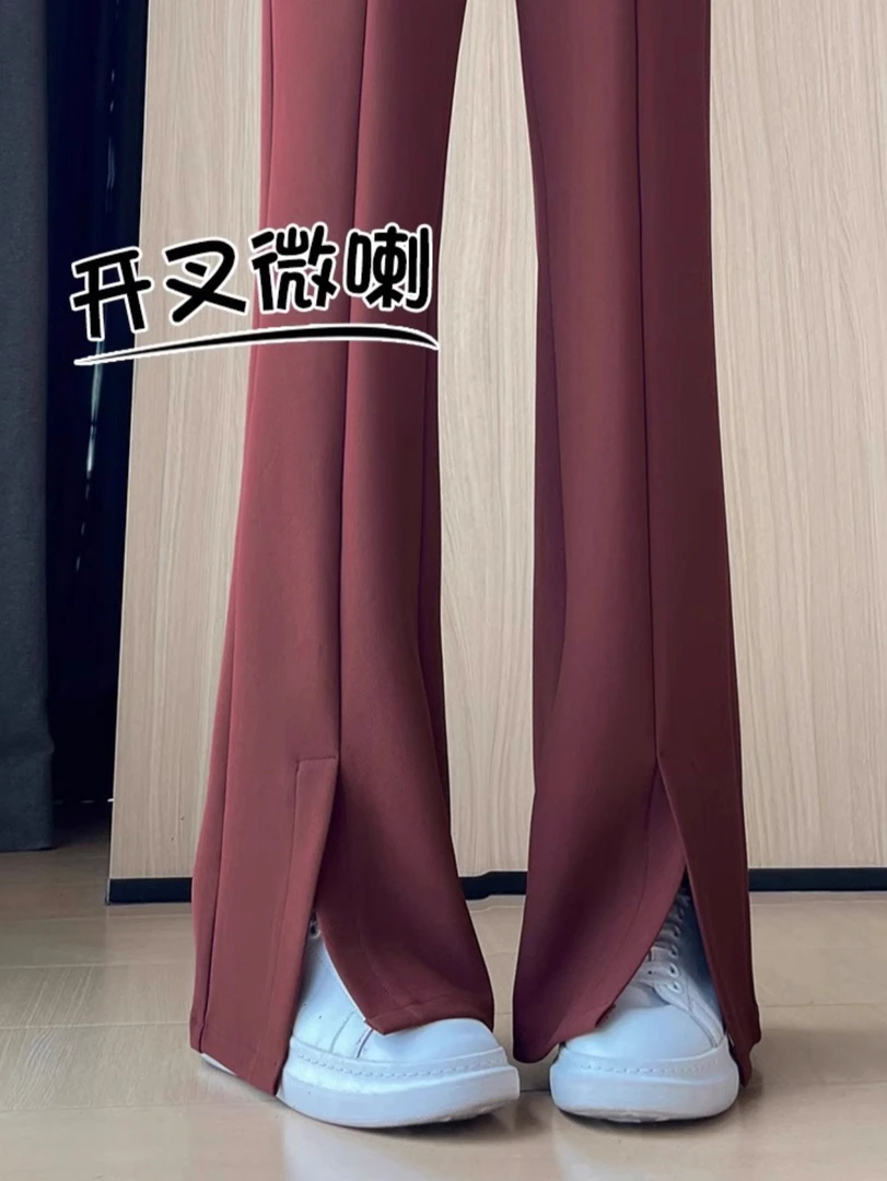 【爆款来袭】2025新款安可拉红微喇西装裤女高腰显瘦马蹄开叉喇叭裤