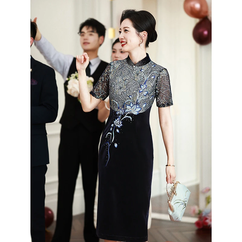 蓝色高端喜婆婆婚宴装旗袍新中式中年妈妈礼服结婚五月份喜服轻奢