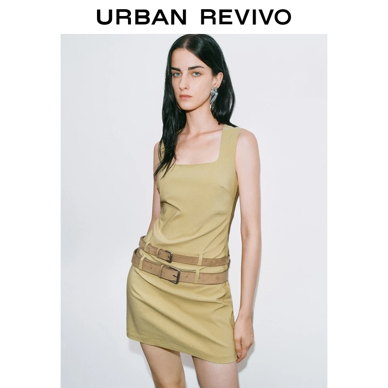 UR2025秋季新款女流光风双腰带方领修身超短连衣裙UWJ750076