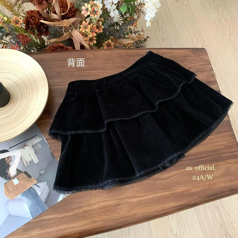 法式蕾丝边黑色丝绒半身裙女秋冬高级感高腰小个子短裙a字蛋糕裙