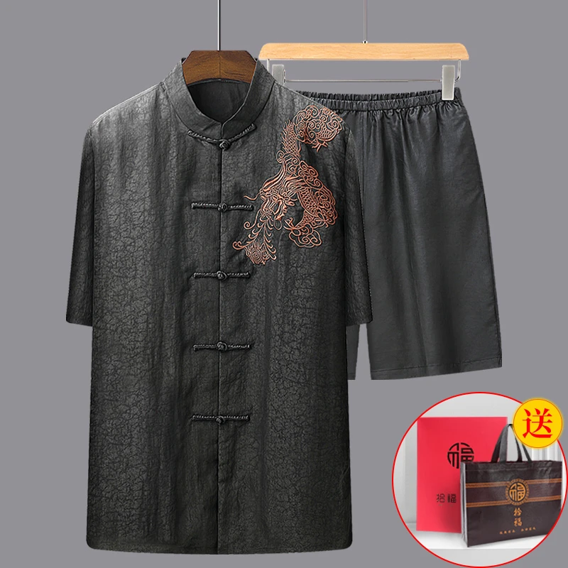 唐装男香云纱中老年人短袖桑蚕丝爸爸装夏装中国风爷爷装中式男装