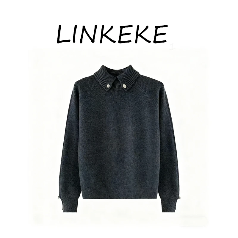 法式翻领套头长袖针织衫2025冬季新款大码胖MM加厚慵懒风内搭上衣