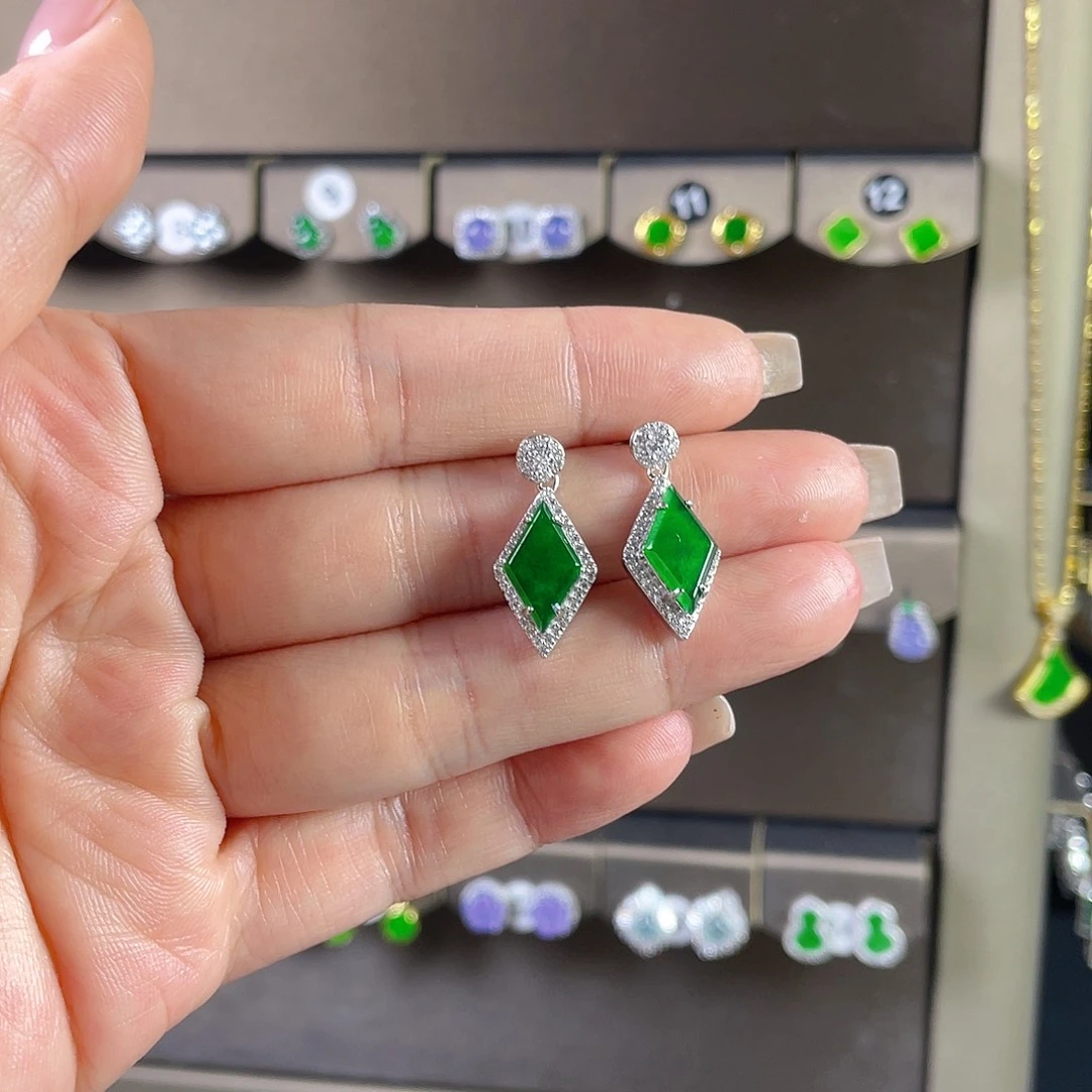 平***_翡翠银S925镶嵌耳饰翡翠A货