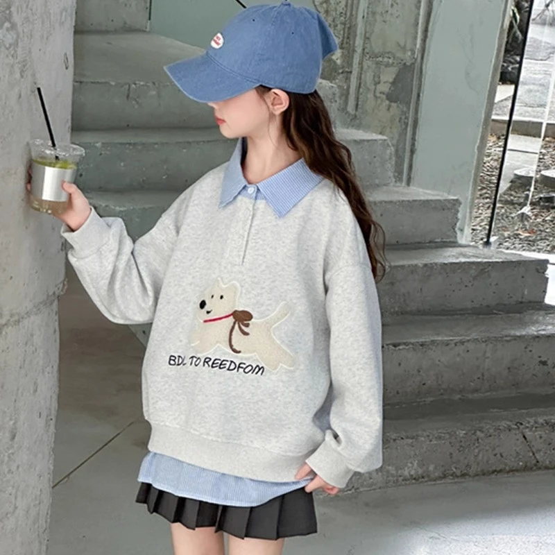 女童卫衣秋季2025新款洋气儿童韩系穿搭上衣中大童假两件套头衫秋