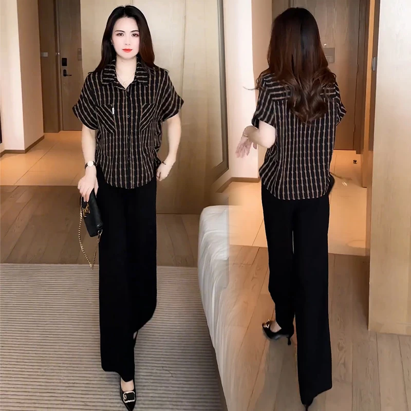 时尚条纹短袖衬衫女2025夏季新款洋气遮肉显瘦百搭妈妈装雪纺衬衣