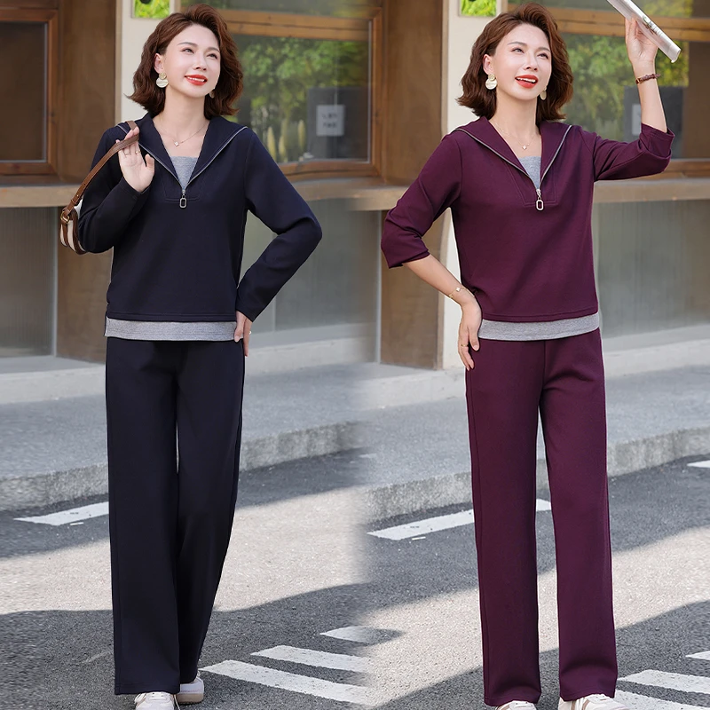 中年妈妈秋装运动套装洋气时尚中老年女秋季假两件长袖上衣两件套